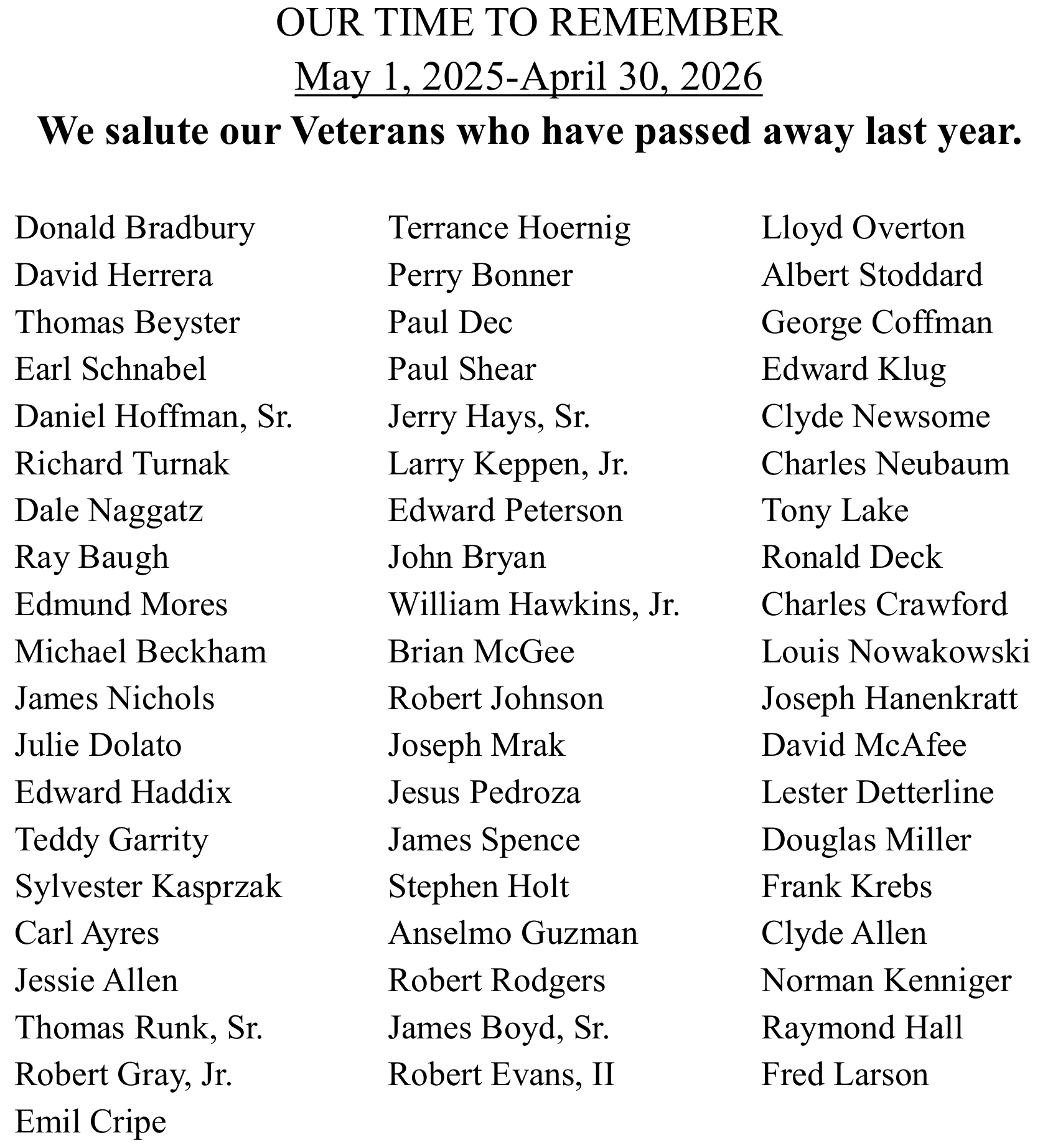 List of veterans who passed, from May 1, 2024 to April 30, 2025, in a blue and white layout.