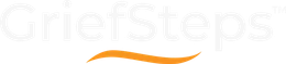 Logo for Griefsteps, white text with an orange curved line.