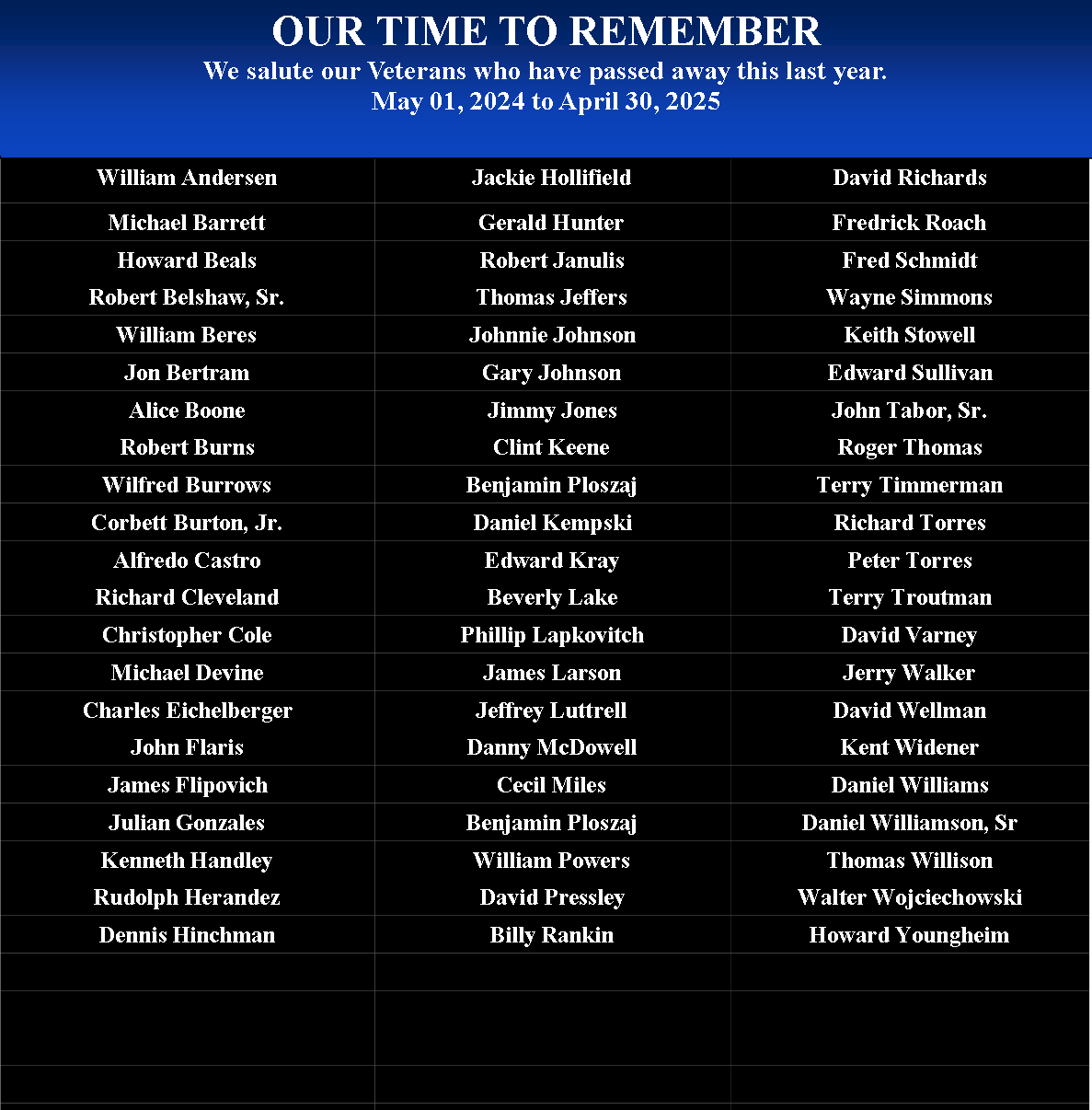 List of veterans who passed, from May 1, 2024 to April 30, 2025, in a blue and white layout.
