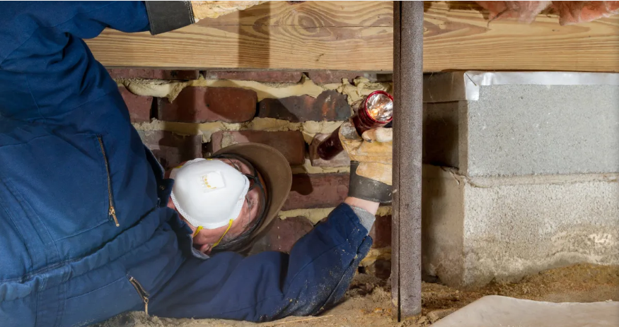 Person in blue jumpsuit inspects crawlspace with a flashlight, looking at brick and block foundation.