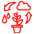 a red icon of a plant in a pot surrounded by clouds and arrows .