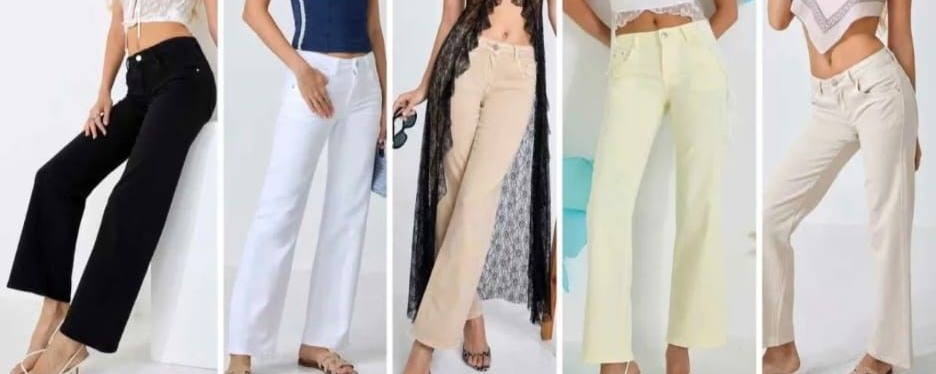 Collage di modelli che mostra pantaloni a vita alta e gamba larga nei colori nero, bianco, beige e pastello.