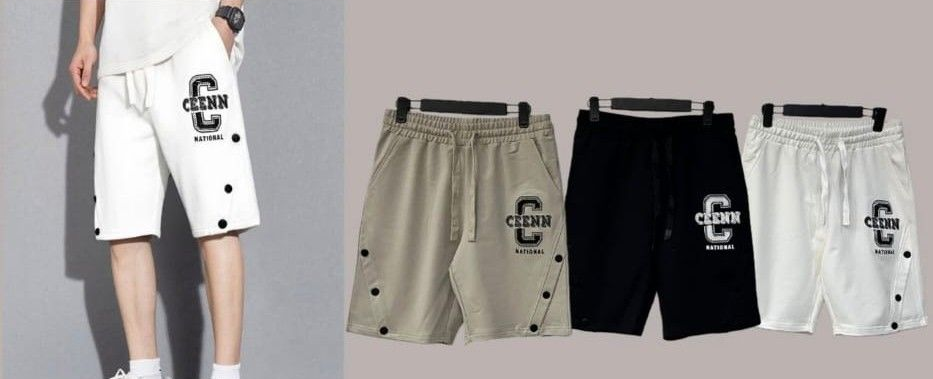 Modella che indossa pantaloncini bianchi accanto a tre paia di pantaloncini beige, neri e bianchi.