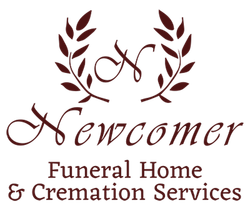 Logo for Newcomer Funeral Home & Cremation Services with maroon laurel wreath and script text