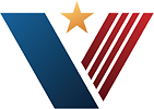 Blue and red V-shaped logo with an orange star on a white background