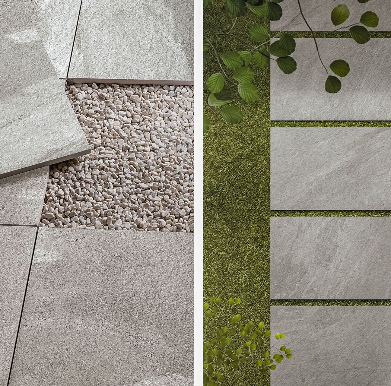 Eine Nahaufnahme eines Fliesenbodens neben einer Rasenfläche.