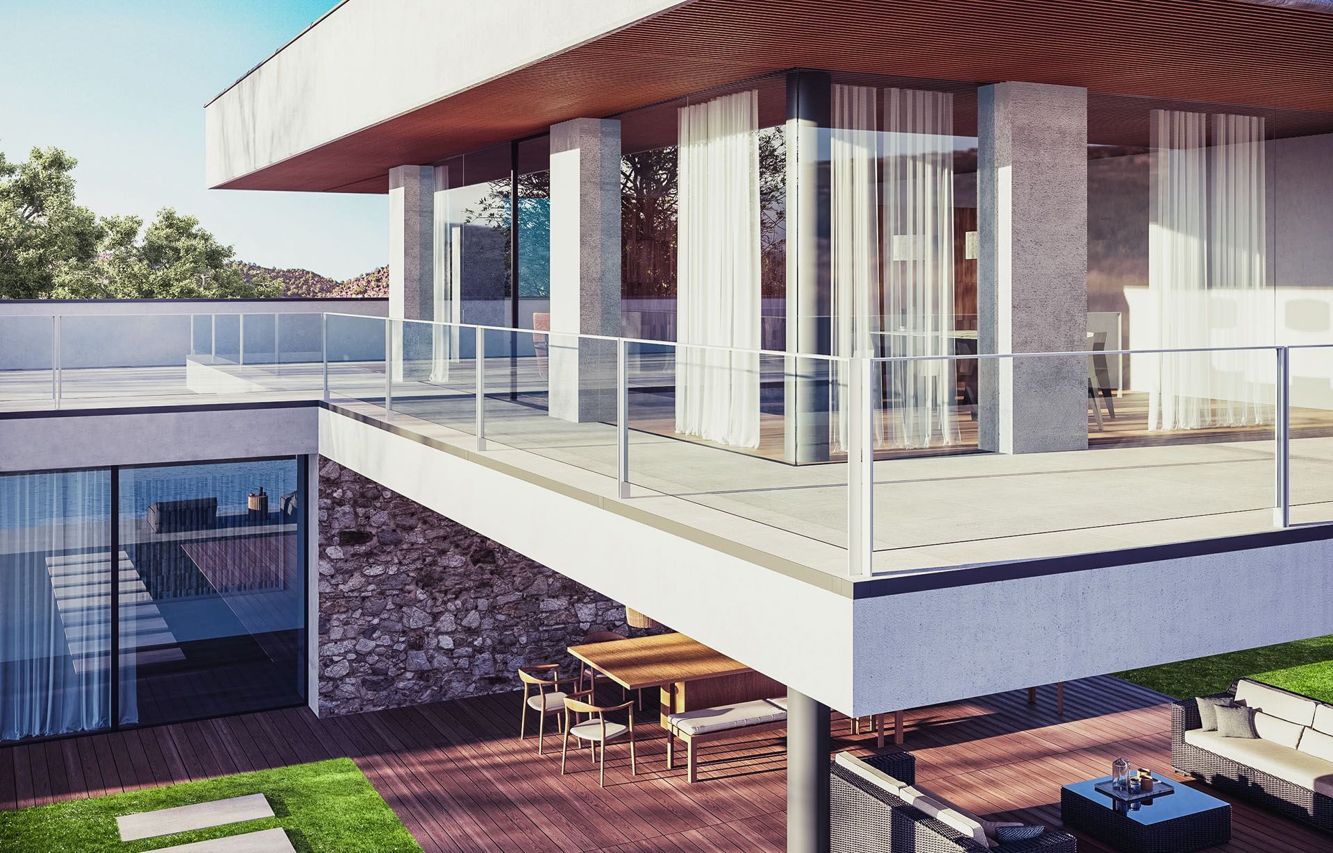 Eine künstlerische Darstellung eines modernen Hauses mit einem großen Balkon und Fliesen