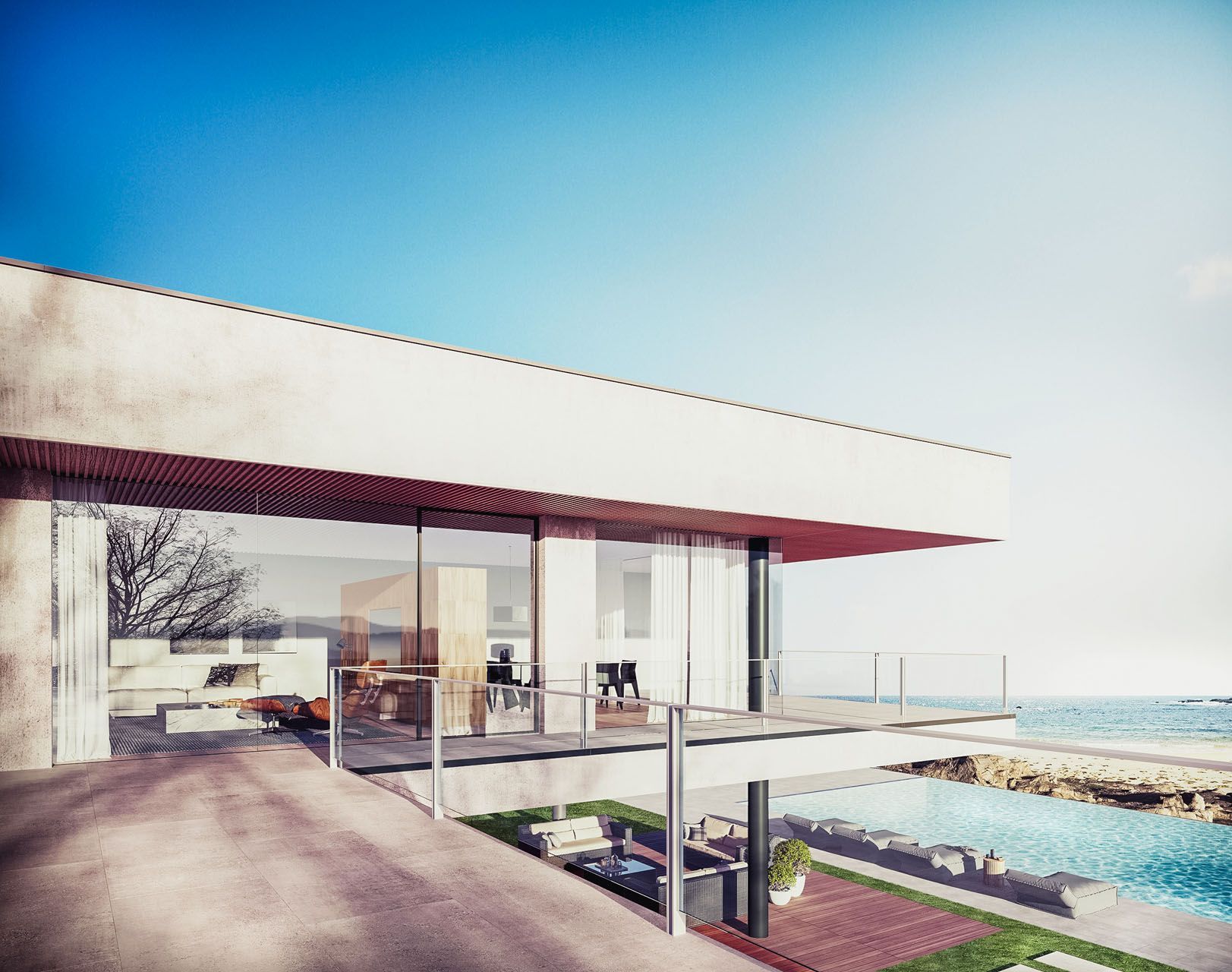 Eine künstlerische Darstellung eines modernen Hauses mit Blick auf den Ozean