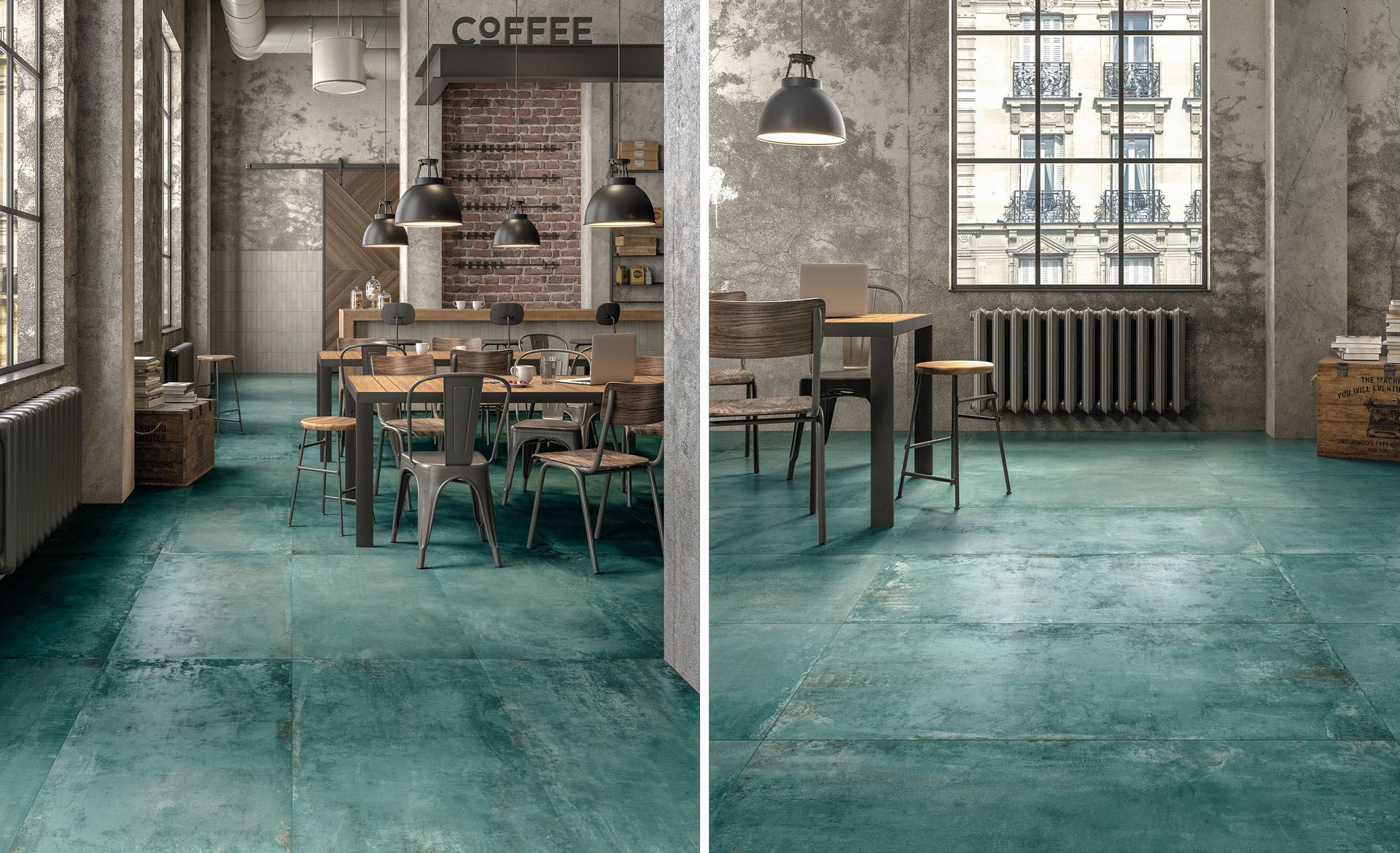 Ein Restaurant mit grünem Fliesenboden und Tischen und Stühlen.