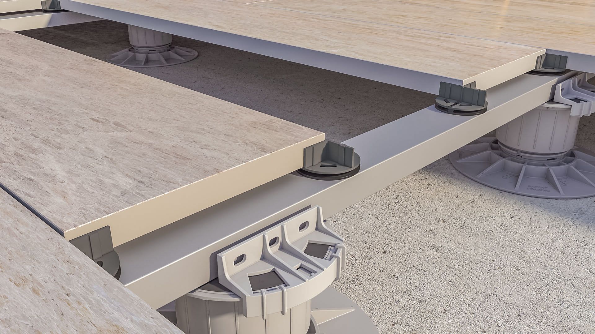 Eine Nahaufnahme einem System zur Bodenverlegung mit einer Fliese darauf