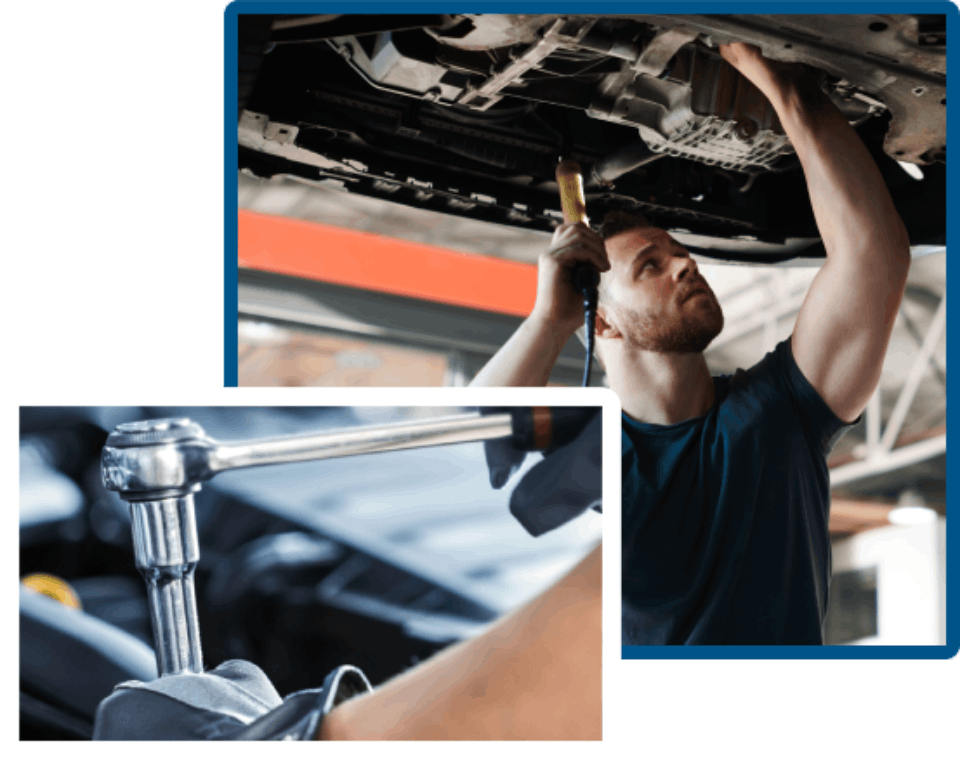 A person working under a car with a wrench.