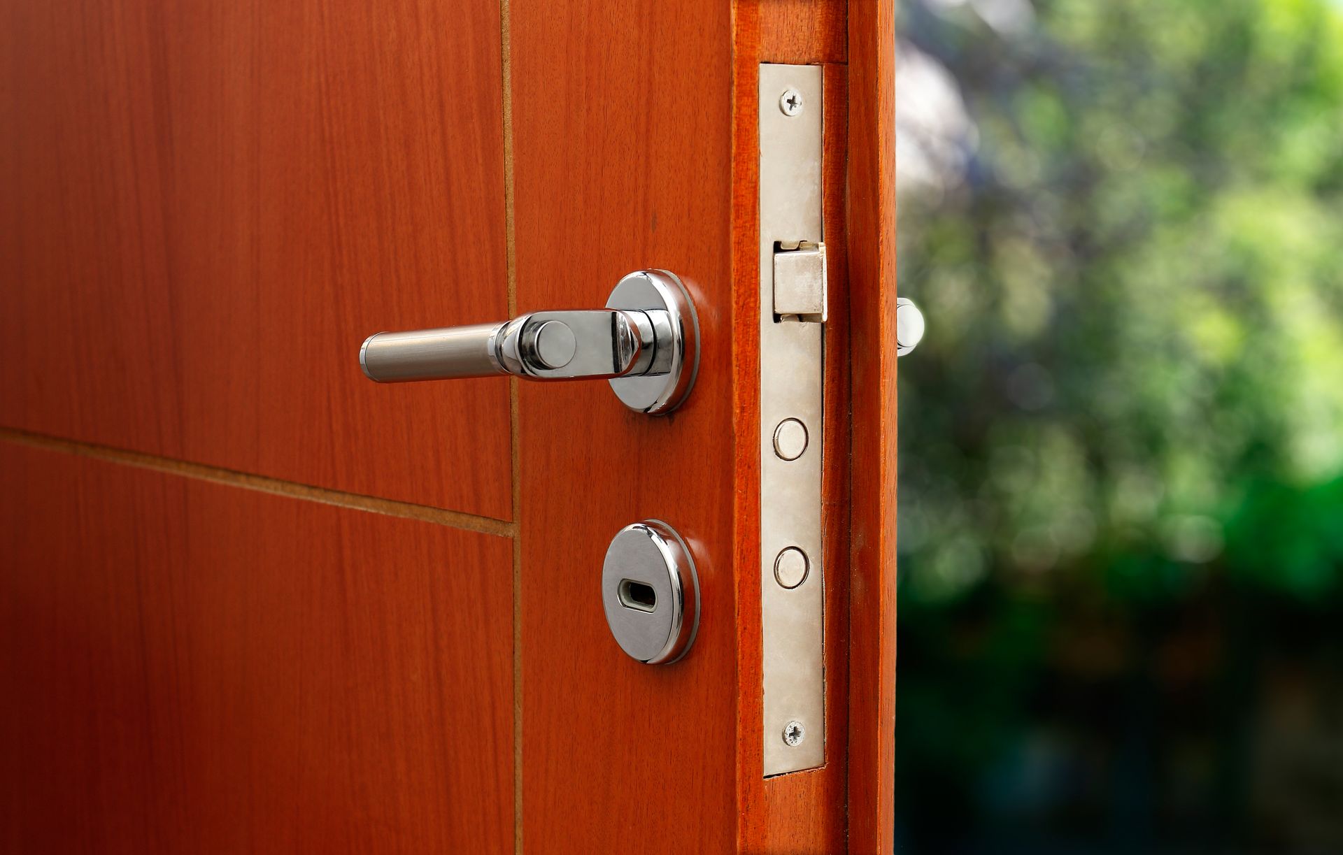 Wooden door with chrome hardware, partially open, revealing a green, blurred outdoor view.