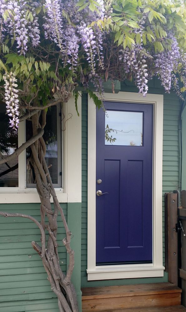 Purple door with window, framed in white, on a green building, adorned with wisteria vines.