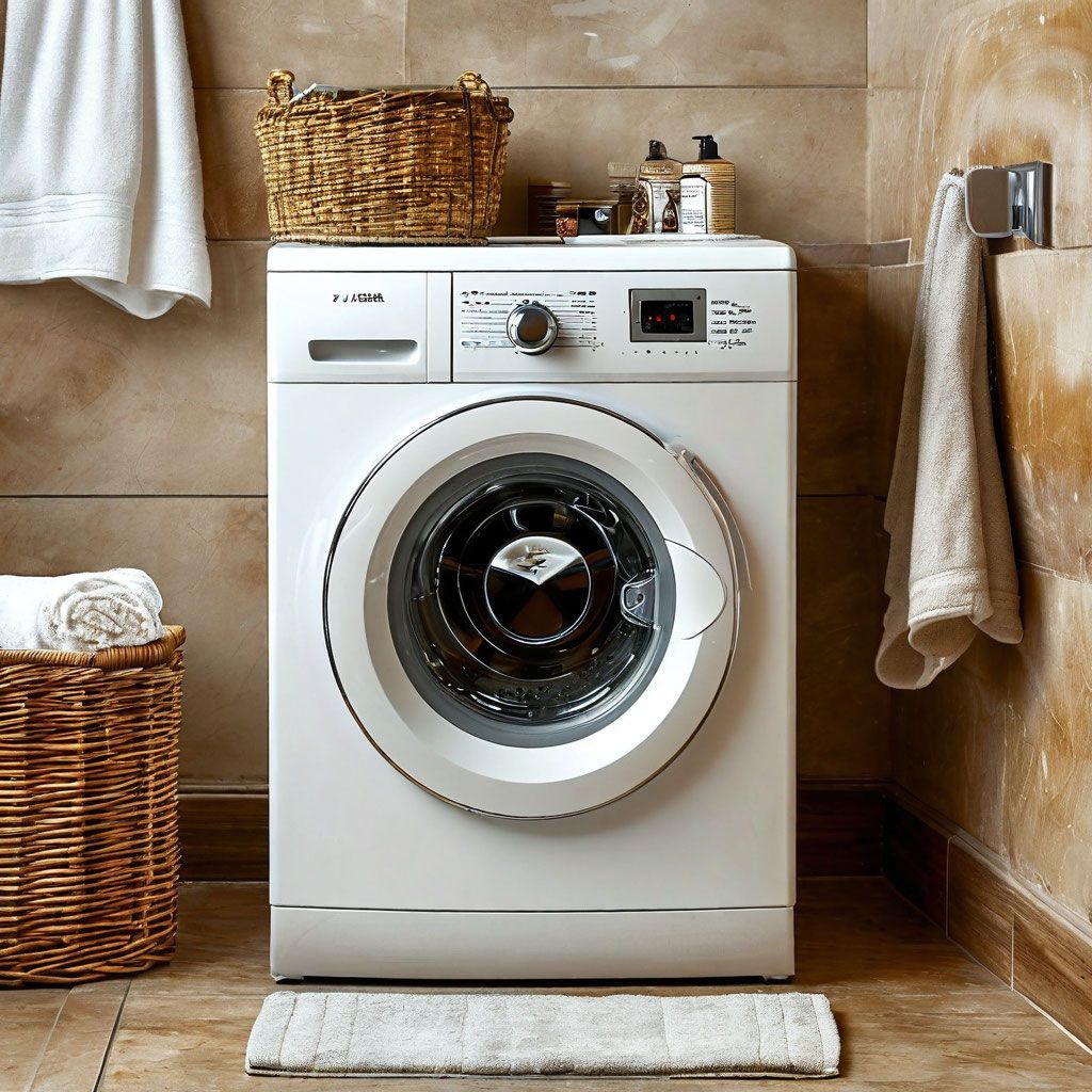 White washing machine in a bathroom, with towels, basket, and rug.
