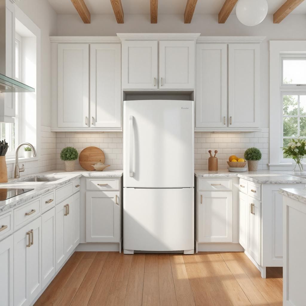 White kitchen with white cabinets, refrigerator, and counters. Wood floors, sunlight.