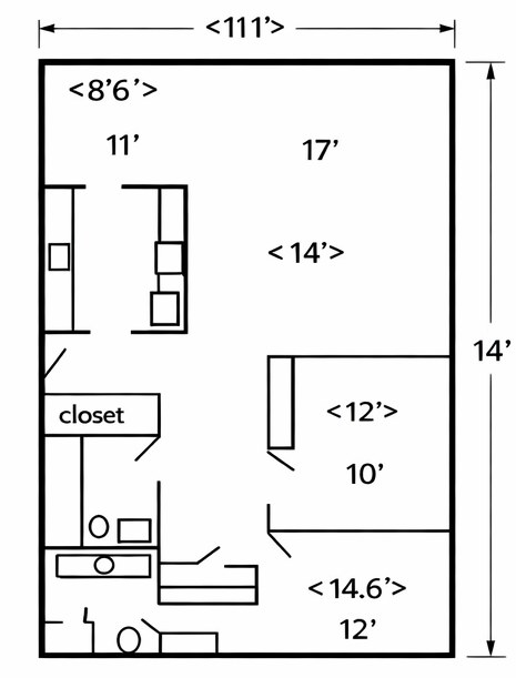 Floor plan of a room with labeled dimensions, closet, and implied furniture layout.