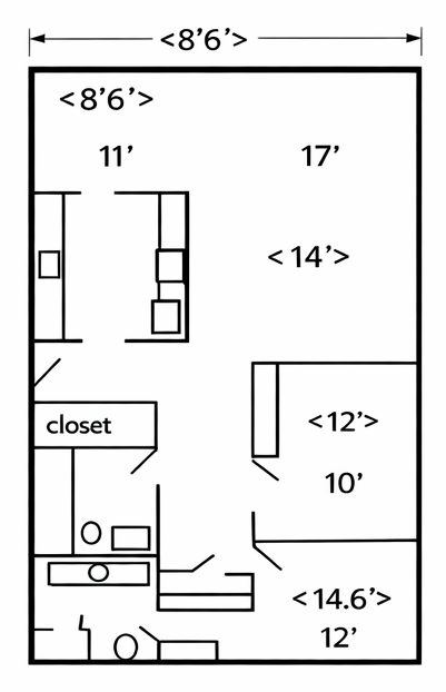Floor plan of a rectangular room with a closet, bathroom, and kitchen area. Dimensions labeled in feet.
