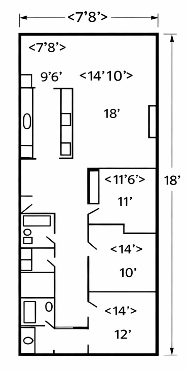 Floor plan of a rectangular space with labeled dimensions and interior elements like furniture and doors.