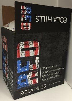 Box of Eola Hills RED wine, featuring American flag design in red, white, and blue against a black background.