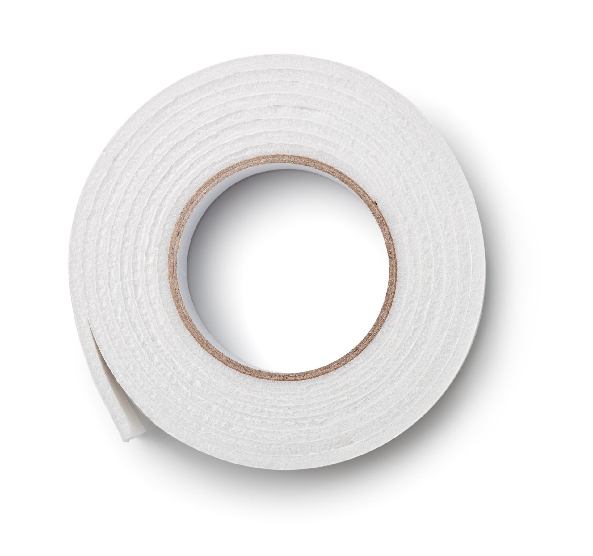 Roll of white double-sided foam tape on a white background.