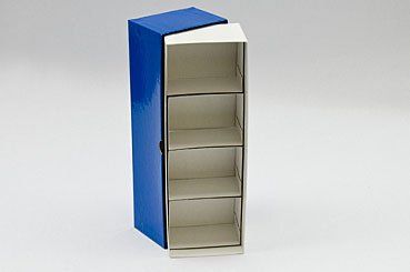 Blue and white shelf-like cardboard box with four compartments; the top section is partially open.