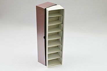 Tall, narrow pink and white cardboard storage unit with multiple shelves.