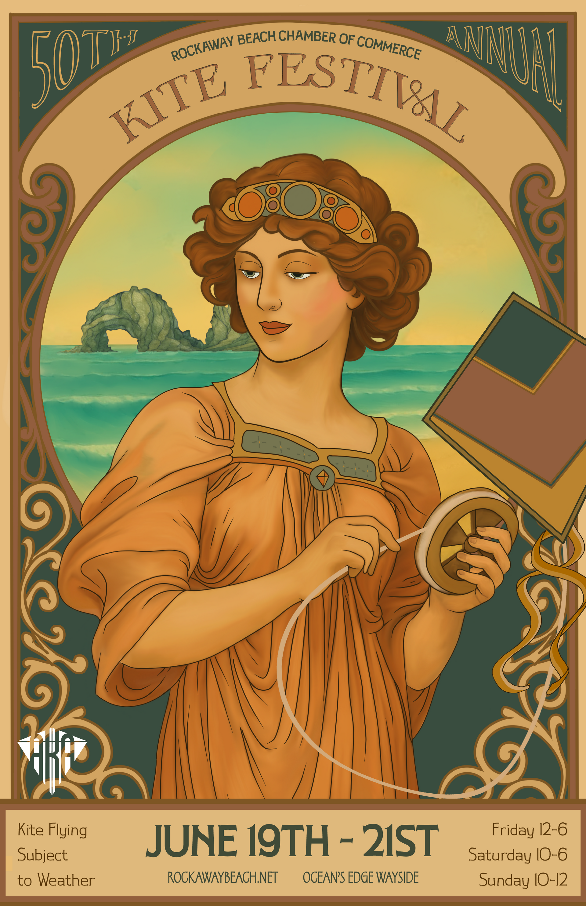 Art Nouveau poster: Woman with kite, beach background, promoting a kite festival June 19-21.