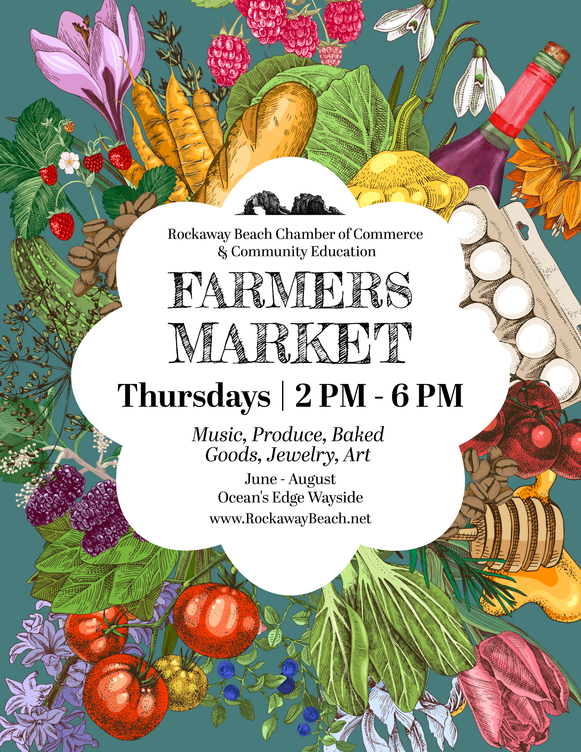 Farmers market poster with fresh produce: carrots, tomatoes, eggs, and more. Thursdays, 2-6 PM.