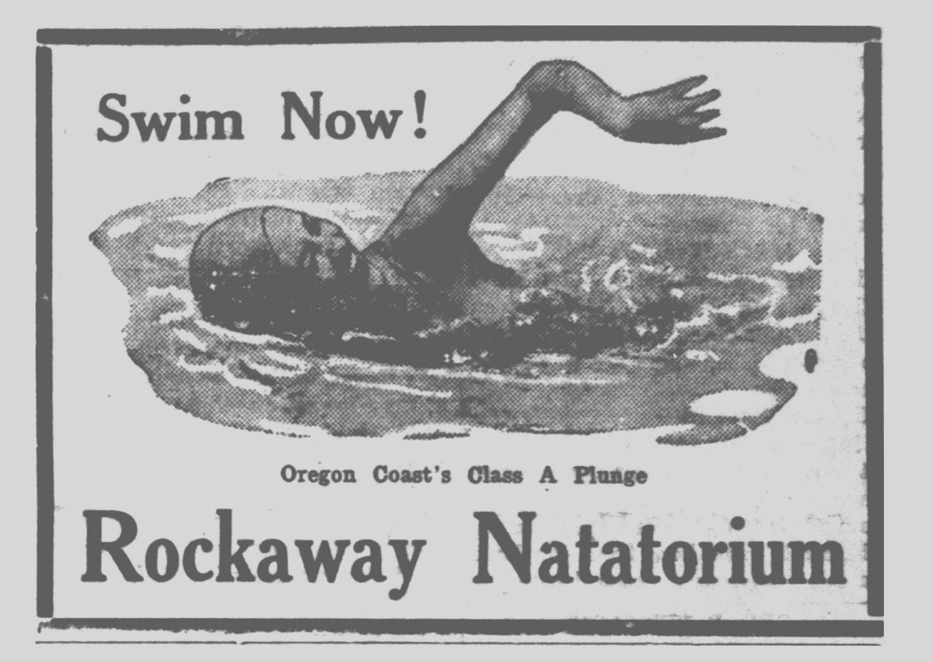 Advertisement for Rockaway Natatorium: swimmer in water, text 