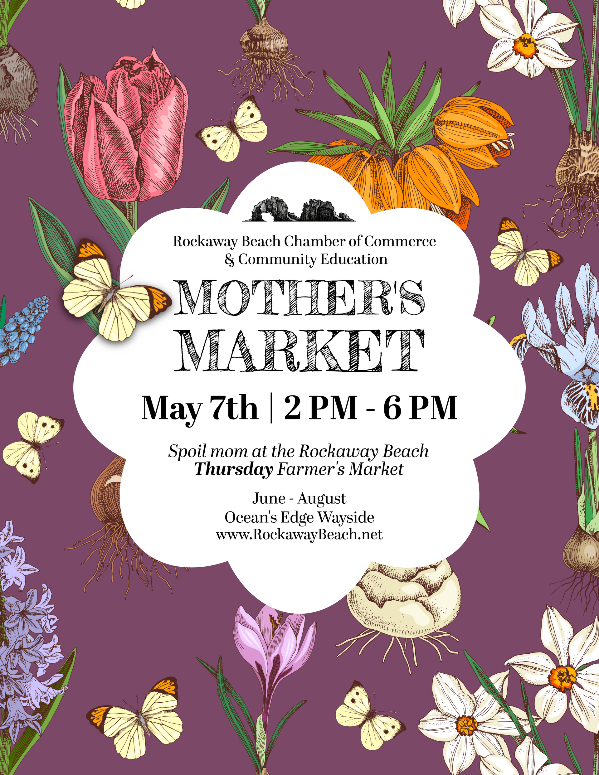 Mother's Market flyer: floral illustration with butterflies, date May 7th, 2-6 PM. Location and website noted.