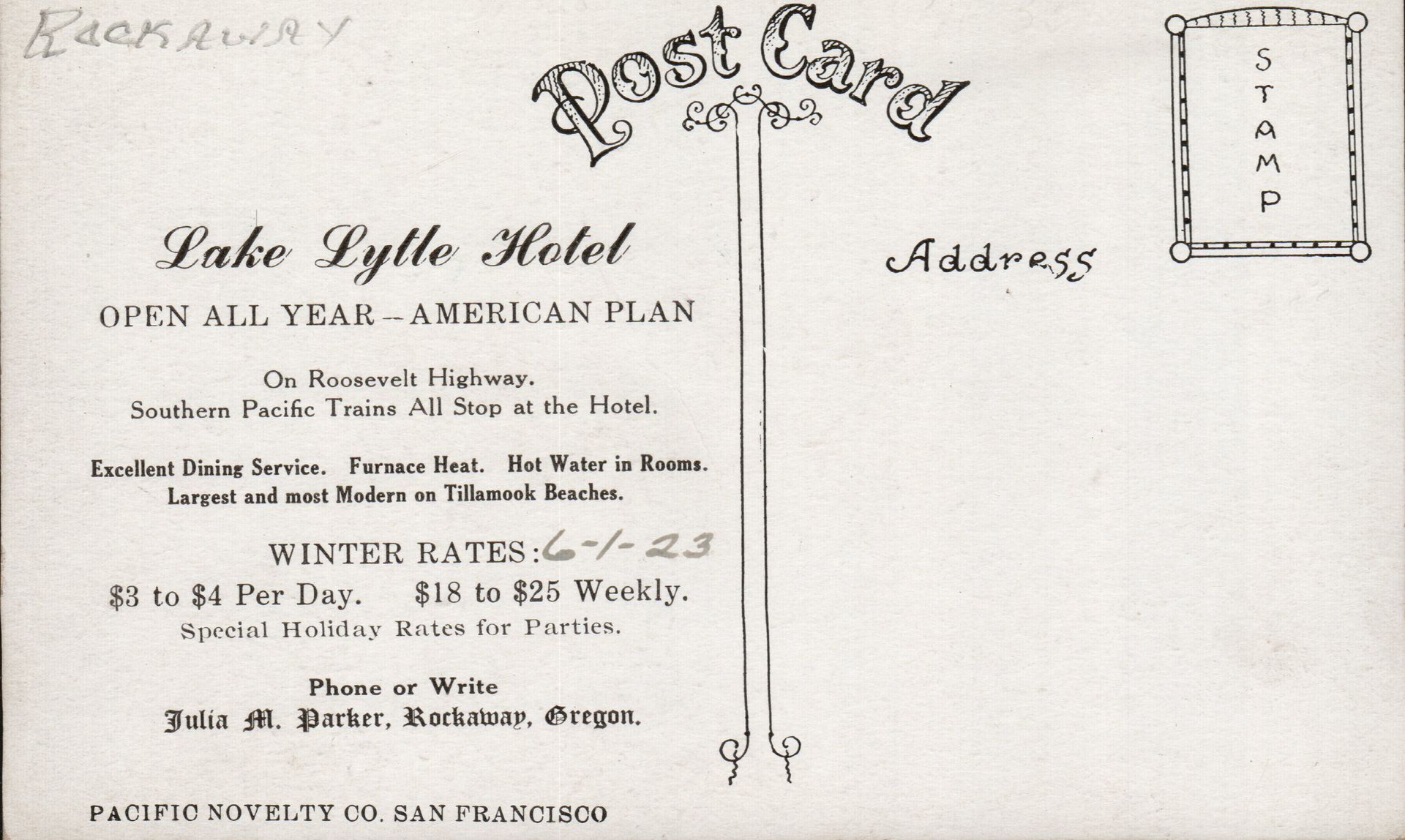Back of a vintage postcard for the Lake Lytle Hotel in Rockaway, Oregon, advertising rates and amenities.