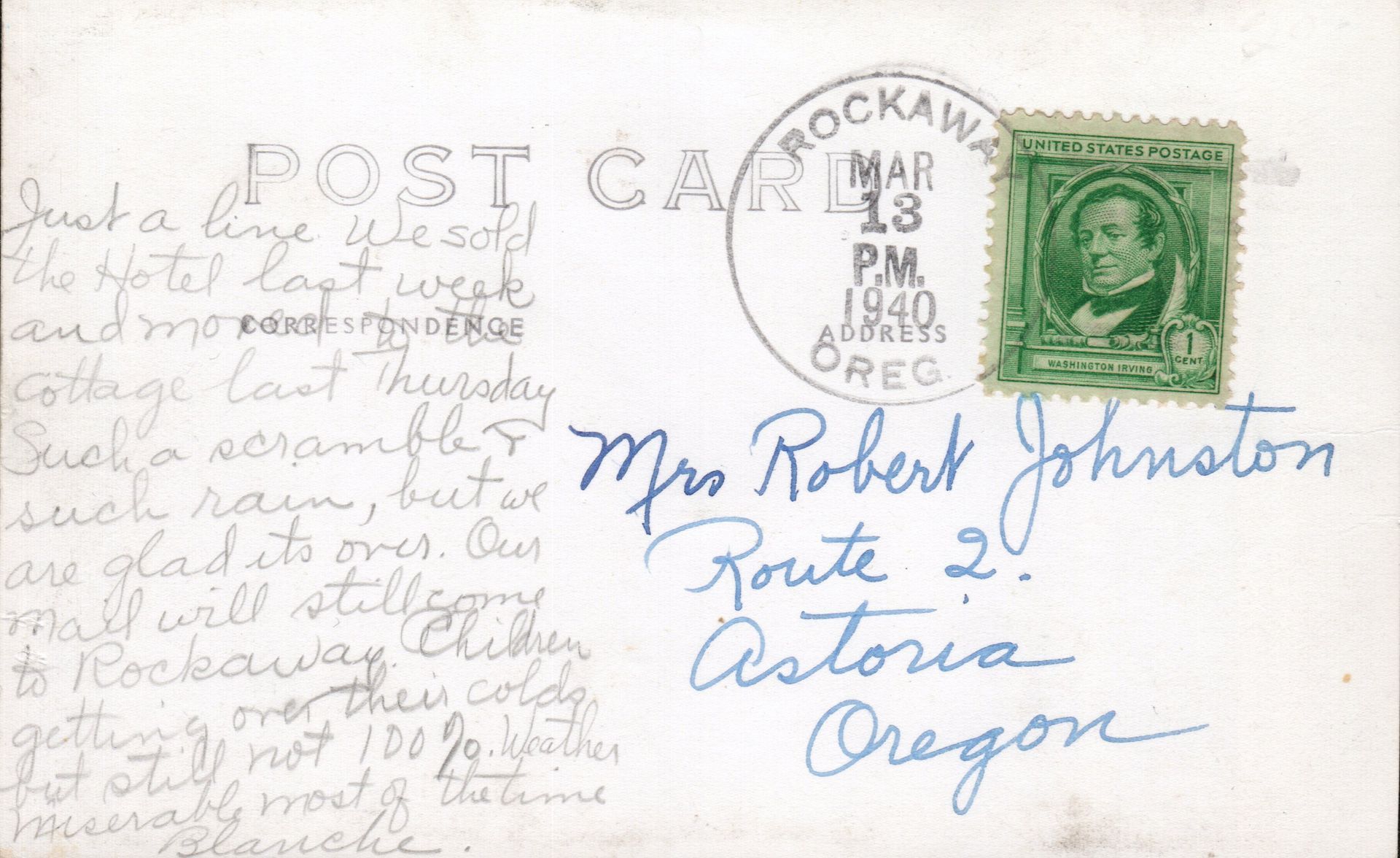Postcard, handwritten message, stamp, and postmark from Rockaway, Oregon, addressed to Astoria, Oregon.