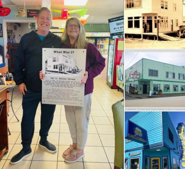 Two people hold a plaque about a building with historical images. Building is teal/blue.