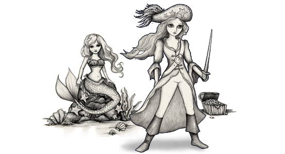 A black and white drawing of a pirate and a mermaid.