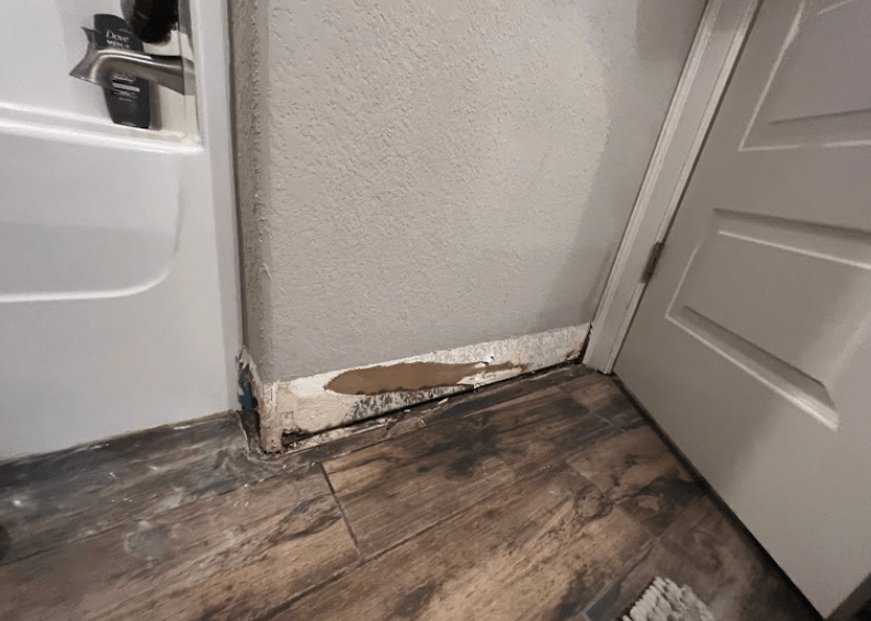 Damaged wall and floor. Rotting baseboard, water damage, and wood-look flooring are visible.