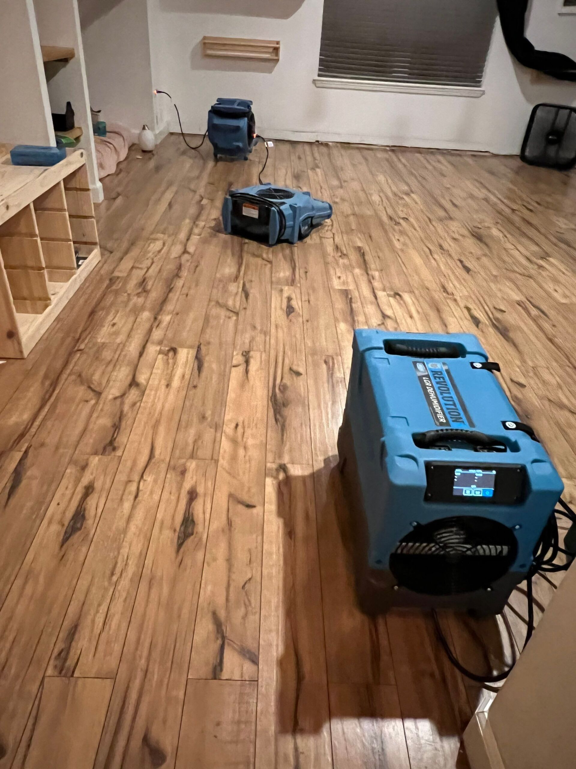 Dehumidifiers on wood floor in room. Several blue machines drying the space after water damage.