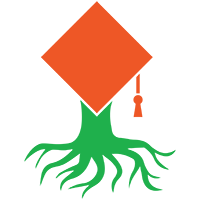 Green tree trunk and roots supporting an orange graduation cap with tassel.