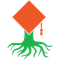 Green tree trunk and roots supporting an orange graduation cap with tassel.