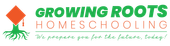 Logo for Growing Roots Homeschooling: Green text and an orange graduation cap growing from tree roots.