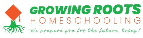 Logo of Growing Roots Homeschooling: Green text, graduation cap on a tree, orange and green colors.