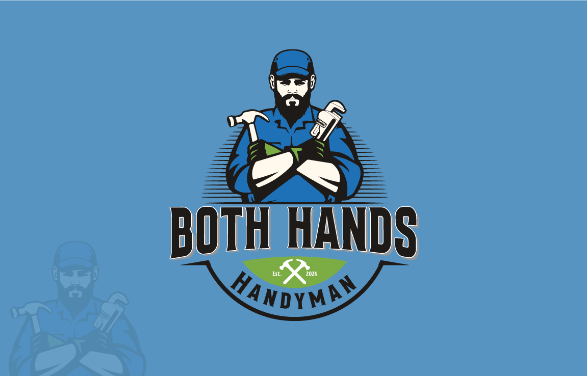 The logo for both hands handyman shows a man holding a hammer and wrench