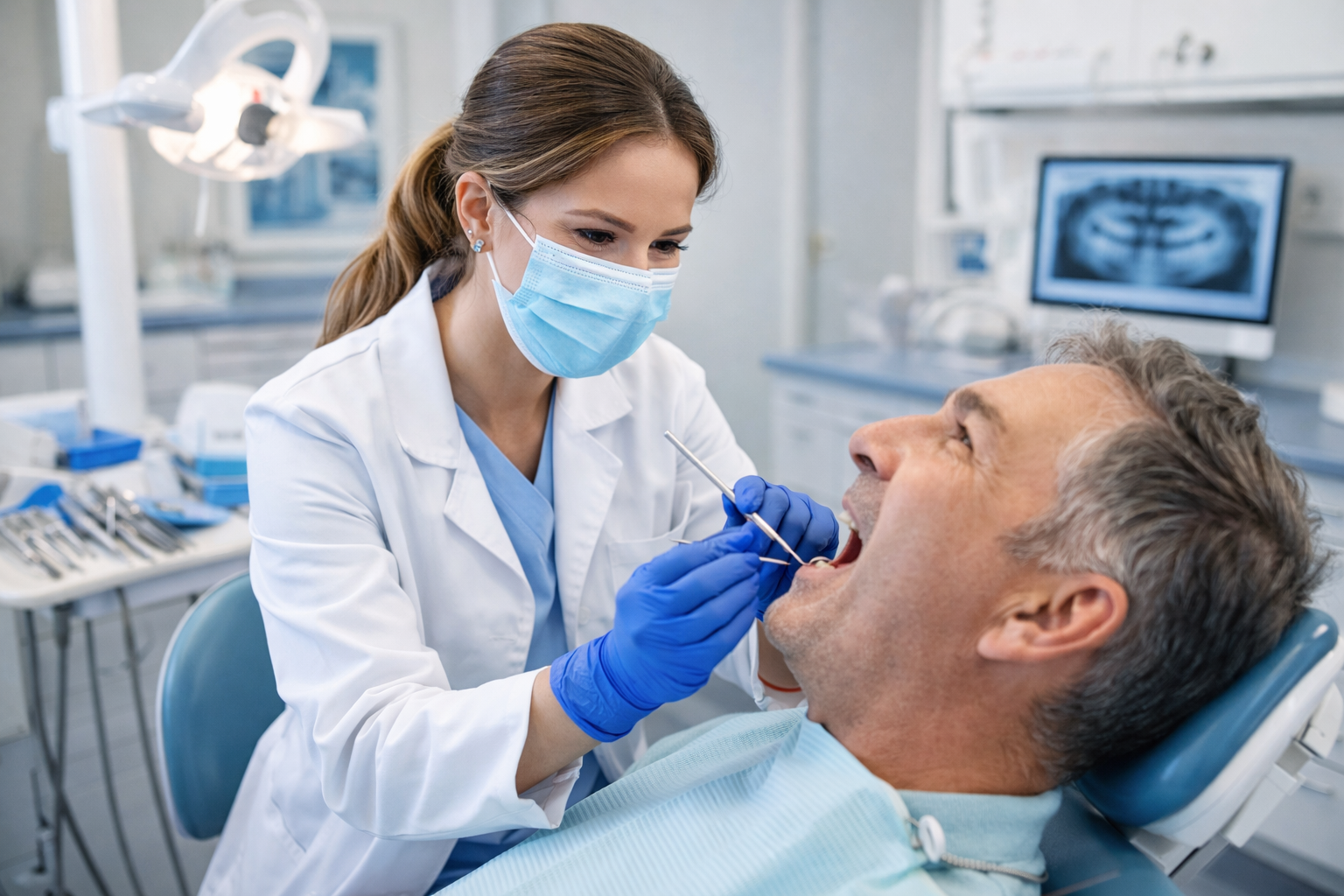 A dentist in a mask and blue gloves examines a patient’s teeth in a clinical office with an X-ray on a monitor.