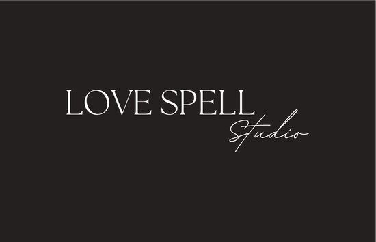 The logo for love spell studios is on a black background