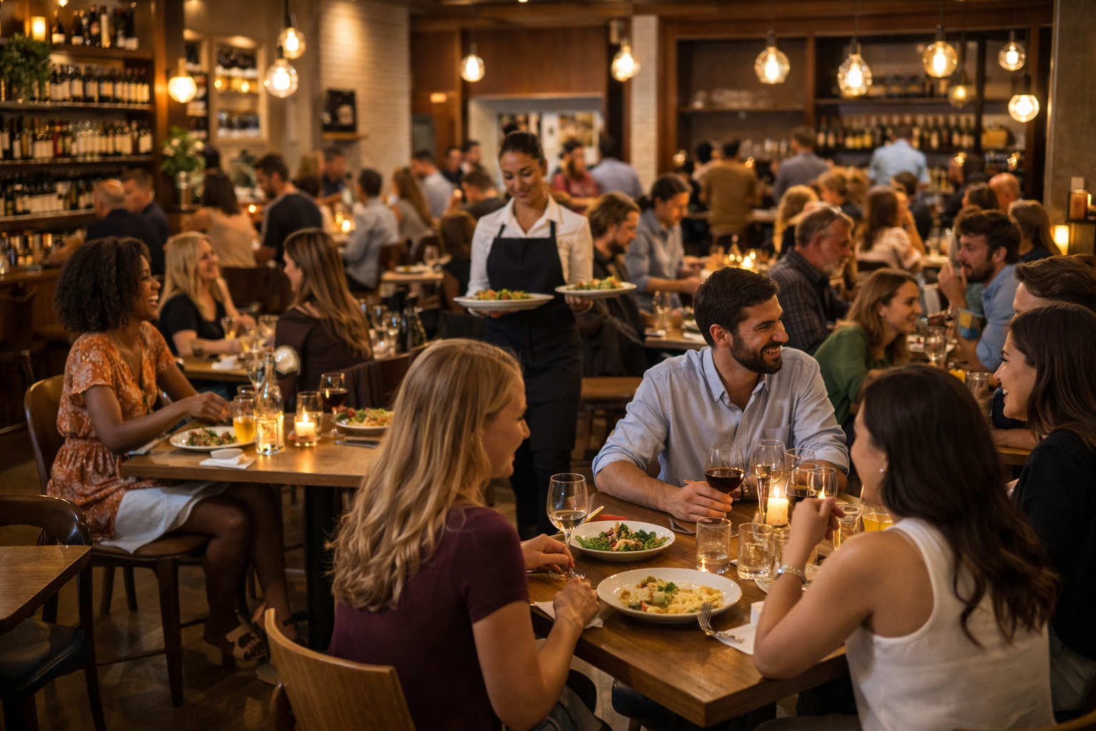 Diners enjoy a meal in a dimly lit, rustic restaurant as a server approaches a table with food.