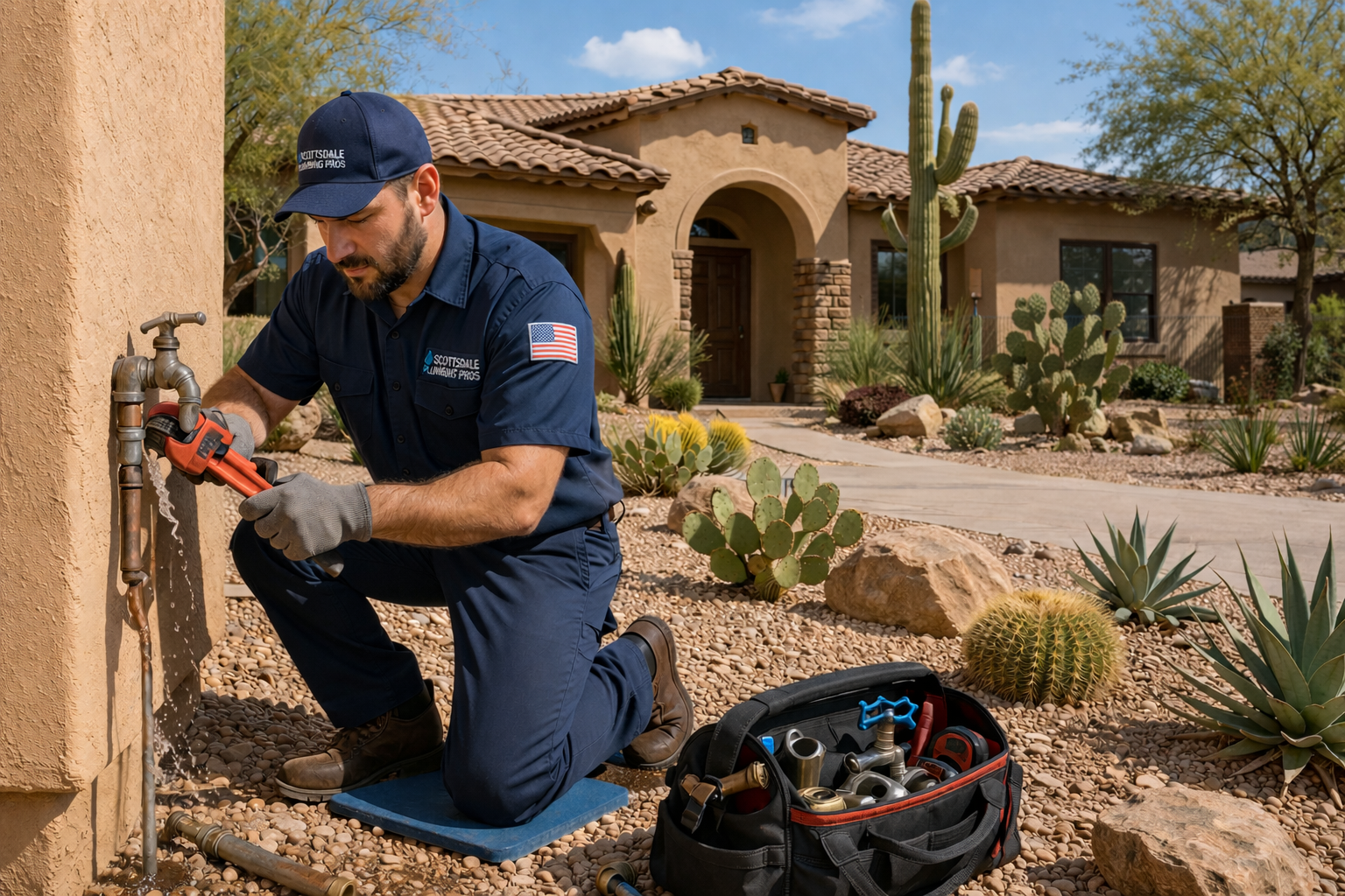 A uniformed plumber in a cap kneels on a blue pad to fix an outdoor water pipe, with a tool bag nearby by a desert home.