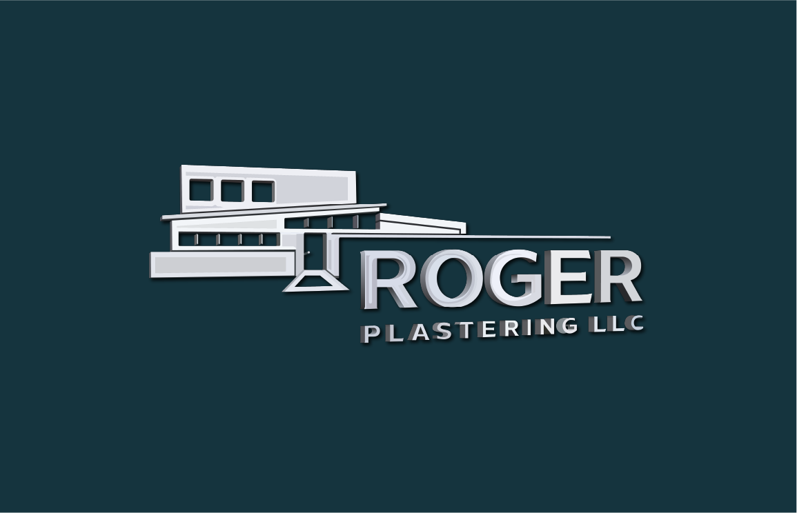 The logo for roger plastering llc shows a house on a blue background.