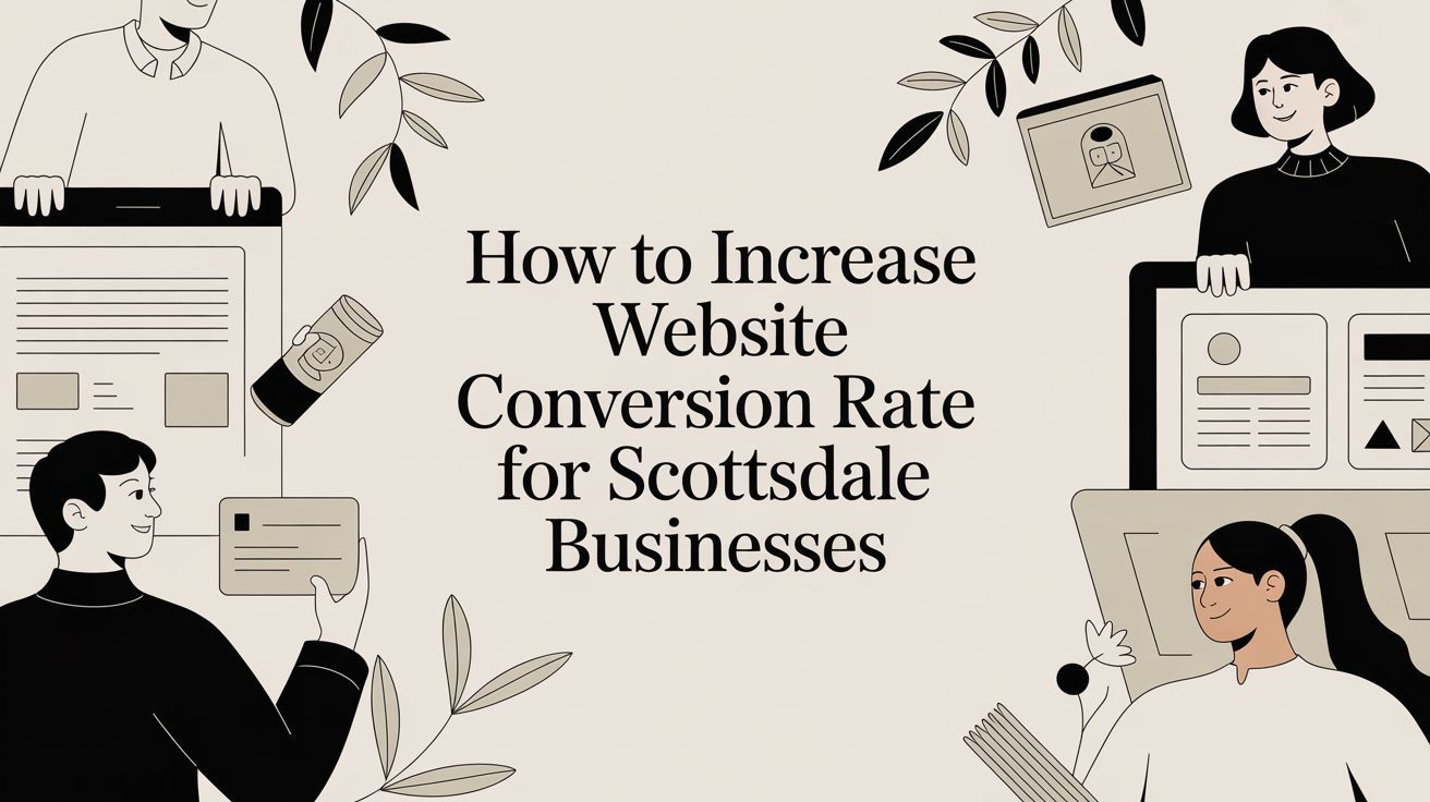 Stylized illustration of four people working around digital screens with the text: 