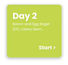 A green square that says day 2 bacon and egg bagel