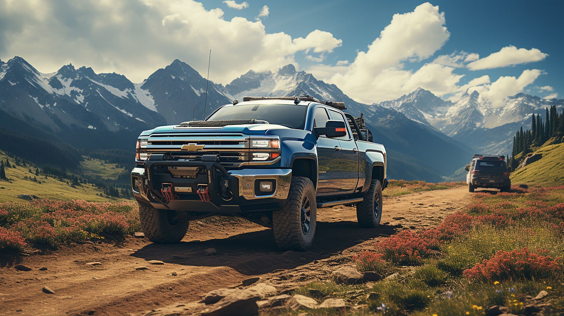 Blue Chevy truck driving on a dirt road in front of mountains.