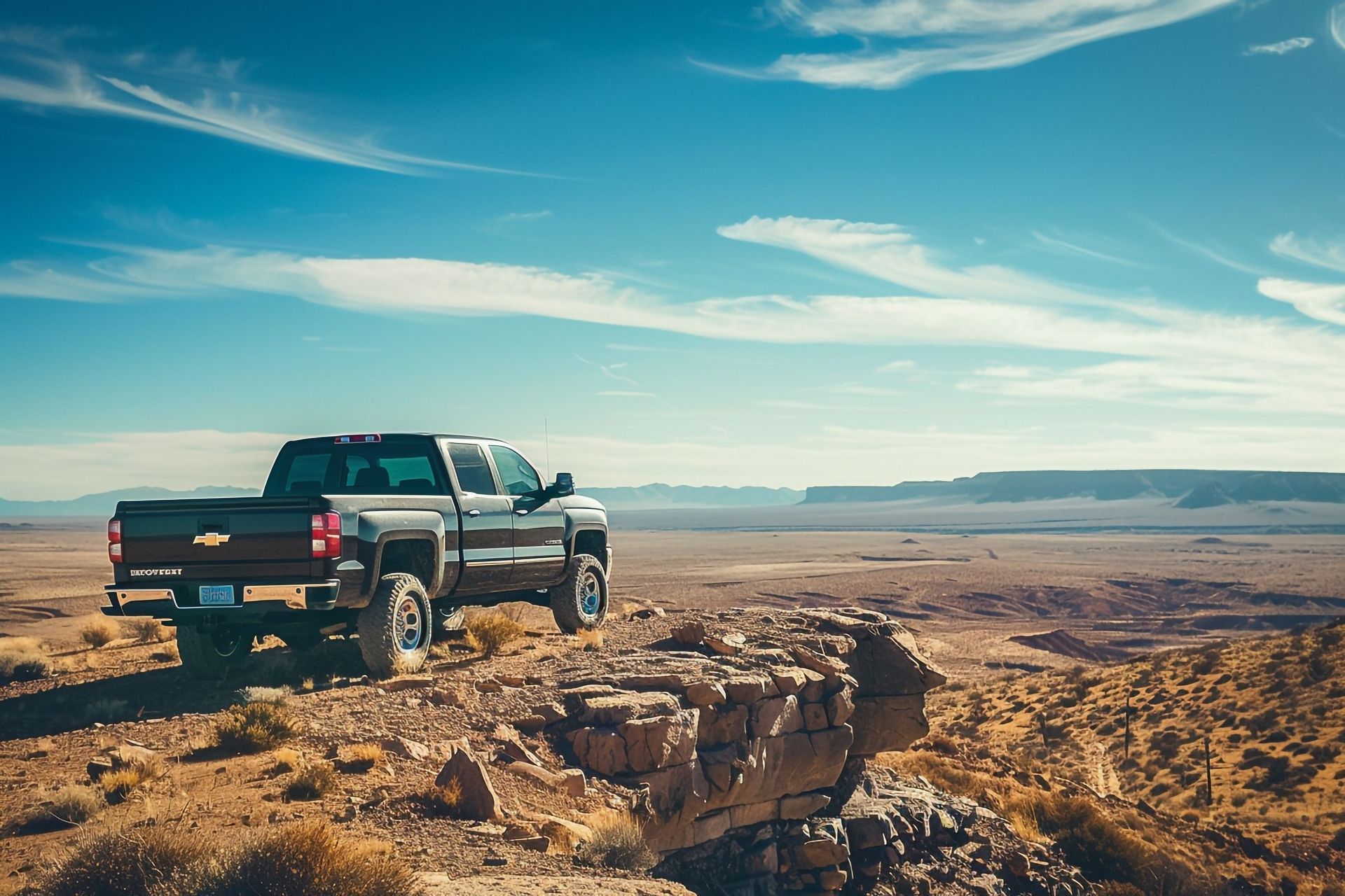 Gray pickup truck parked on a rocky outcrop overlooking a vast desert landscape under a blue sky.
